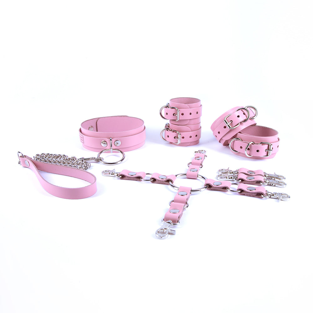 Pink hogtie bondage set with collar