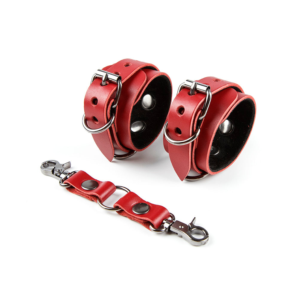 Red leather handcuffs on lining