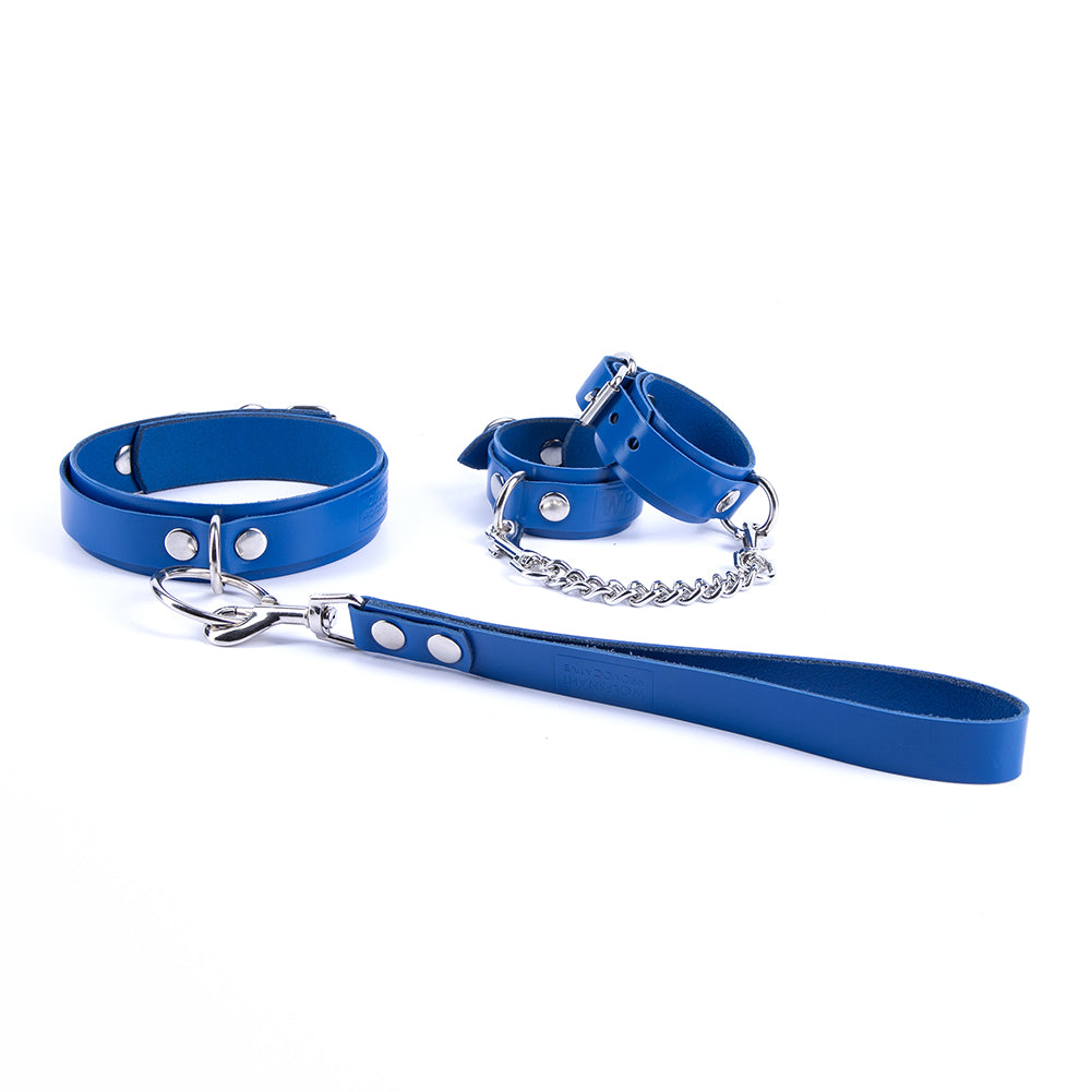 Blue leather bondage set restraints