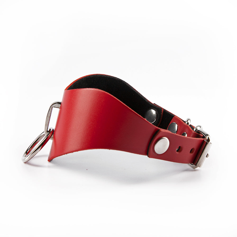 Red leather BDSM choker with o-ring and suede lining