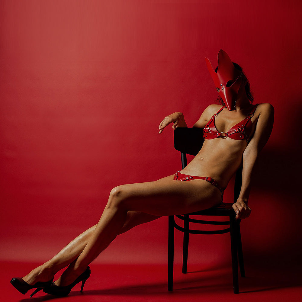 Woman in Red fox leather face mask