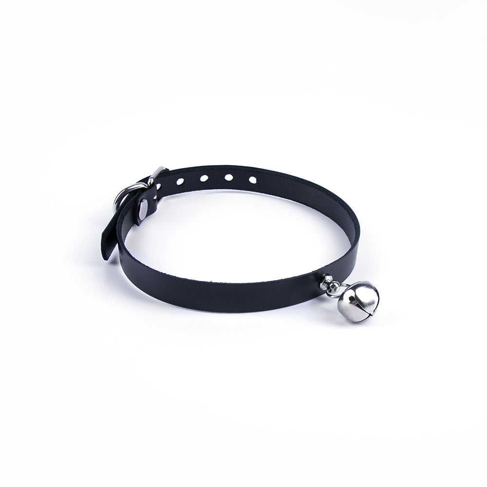 Black leather choker with a silver bell on a white background