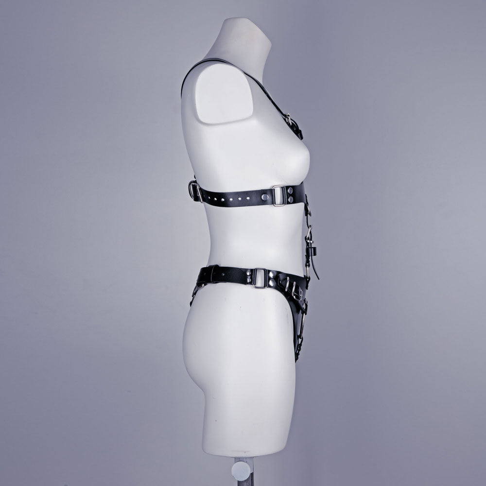 The leather full body pegging harness 