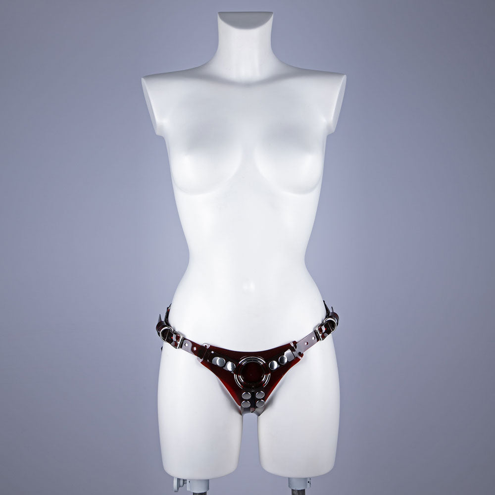 Double dildo pegging harness from brown vinyl